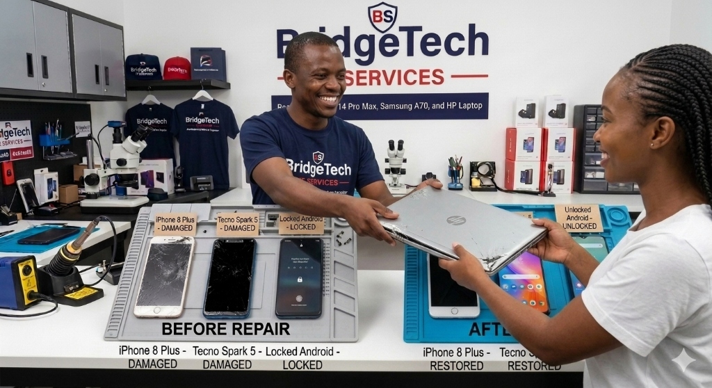 BridgeTech IT Services technician handing repaired device to satisfied customer - Before and After Repair Handover