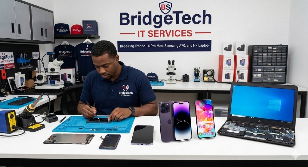 Certified BridgeTech IT Services technician repairing iPhone, Samsung, and HP laptop on workbench